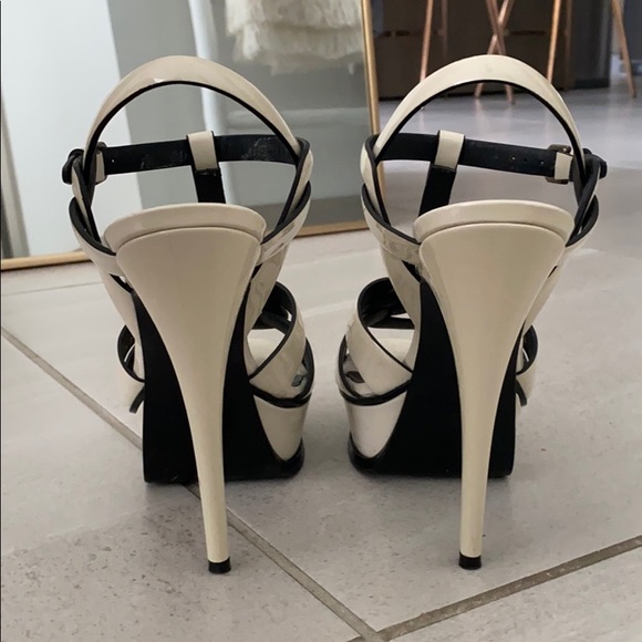 SAINT LAURENT TRIBUTE SANDAL HEELS CREAM/BLACK - Picture 5 of 8